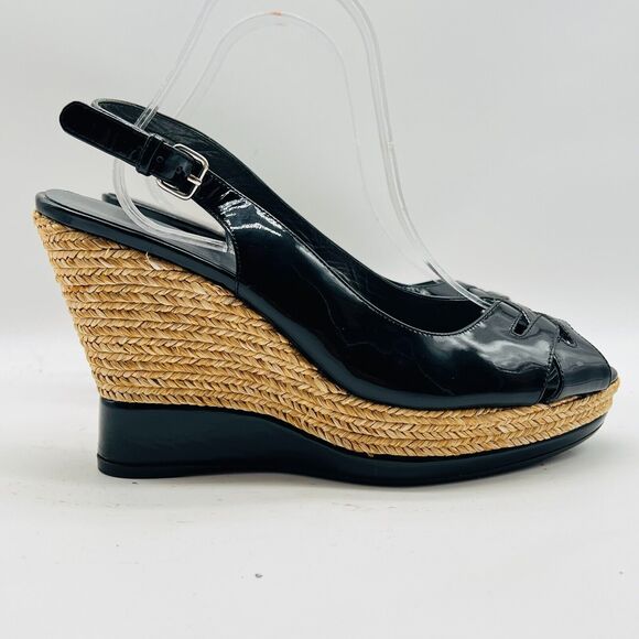 Stuart Weitzman Shoes - Stuart Weitzman Shoes Womens 9.5 Black Patent Leather Wedge Sandals Espadrille